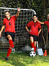 Outdoors Pics: Three sexy girls warm up on the soccer field before taking advantage of the coaches hard dick.